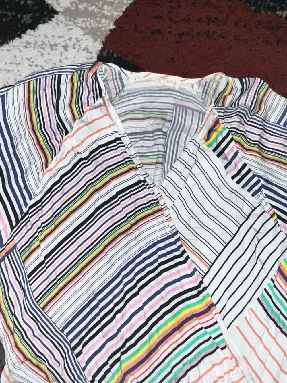 Women’s Lovestitch Multi-Stripe Button-Up Shirt - White with Rainbow Stripes